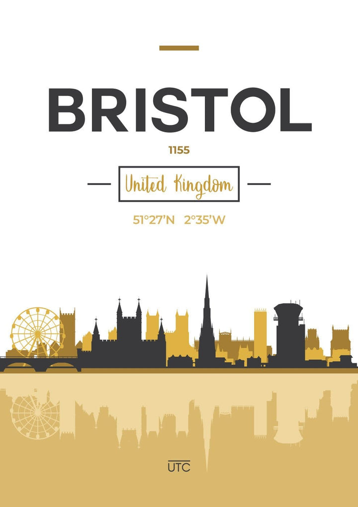 Bristols skyline, byutsikt over Bristol, England, kunsttrykk i gult og grått, veggkunst, plakat, hjemmedekorasjon