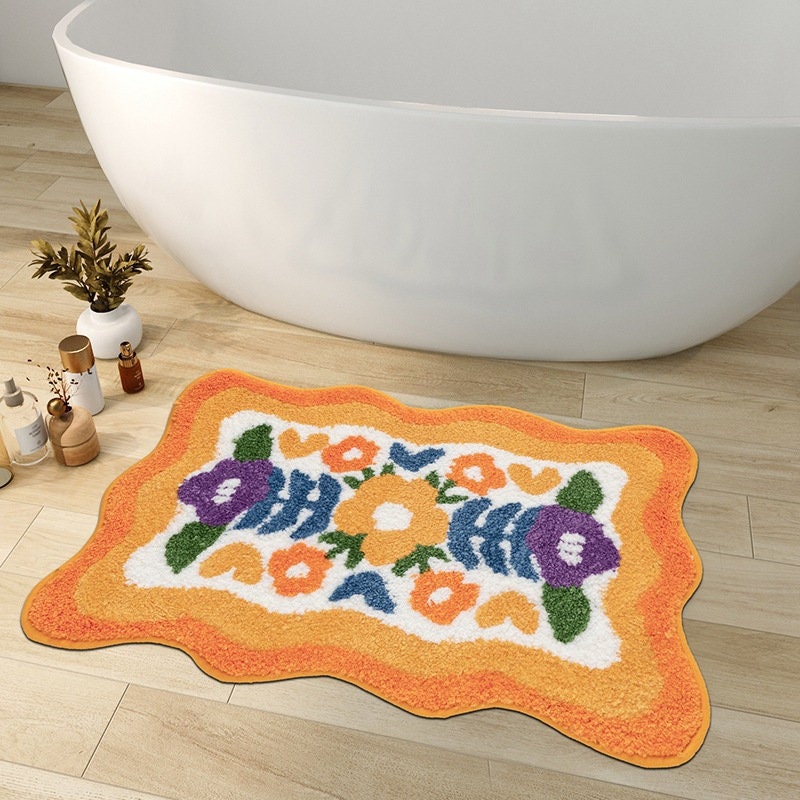 Skanto | Fargerik Blomst Badmatte, Orange Flora Myk Badteppe, Vevd Badmatte, Lilla Tulipan Vann-absorberende Sklisikker Badmatte