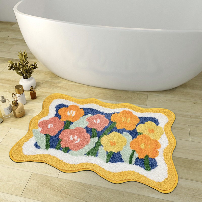 Skanto | Fargerik Blomst Badmatte, Orange Flora Myk Badteppe, Vevd Badmatte, Lilla Tulipan Vann-absorberende Sklisikker Badmatte