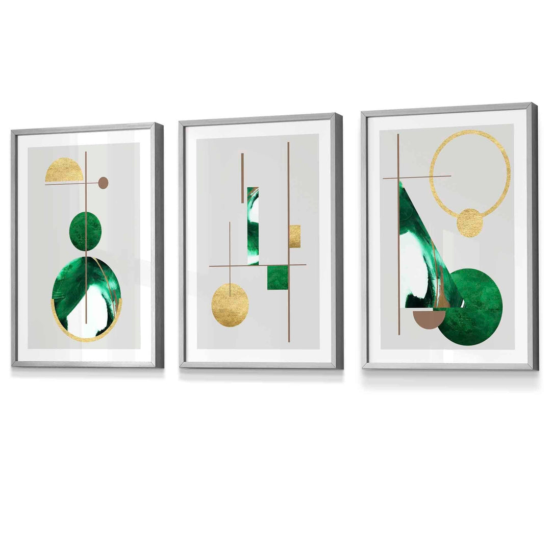 Abstrakt, strukturert, geometrisk kunstverk i mid-century modern-stil, innrammet i grønt og gull.