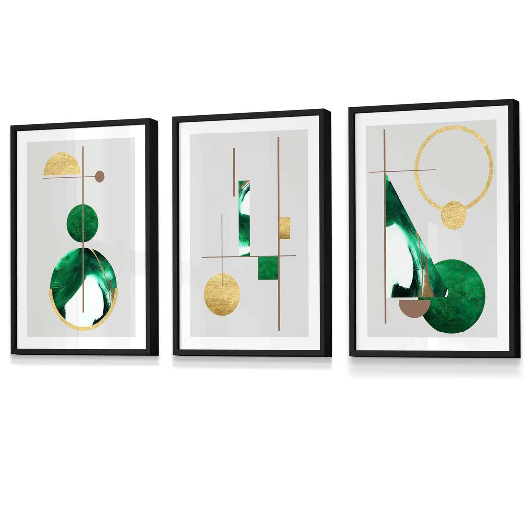 Abstrakt, strukturert, geometrisk kunstverk i mid-century modern-stil, innrammet i grønt og gull.