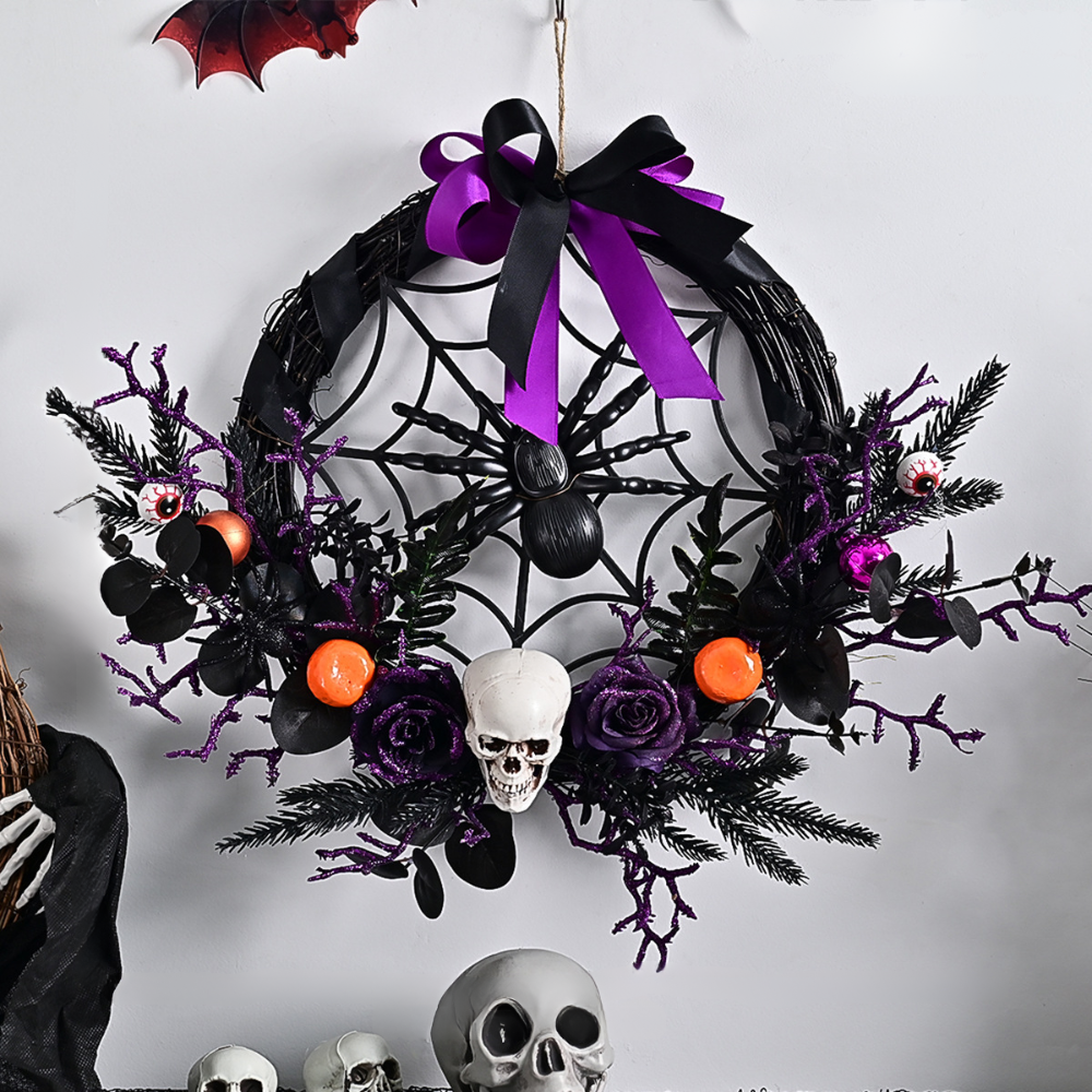 Skanto | Halloween Gothic Floral Spiderweb Krans | Spooky Dørdekor