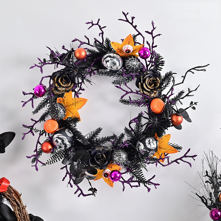 Skanto | Halloween Gothic Floral Spiderweb Krans | Spooky Dørdekor