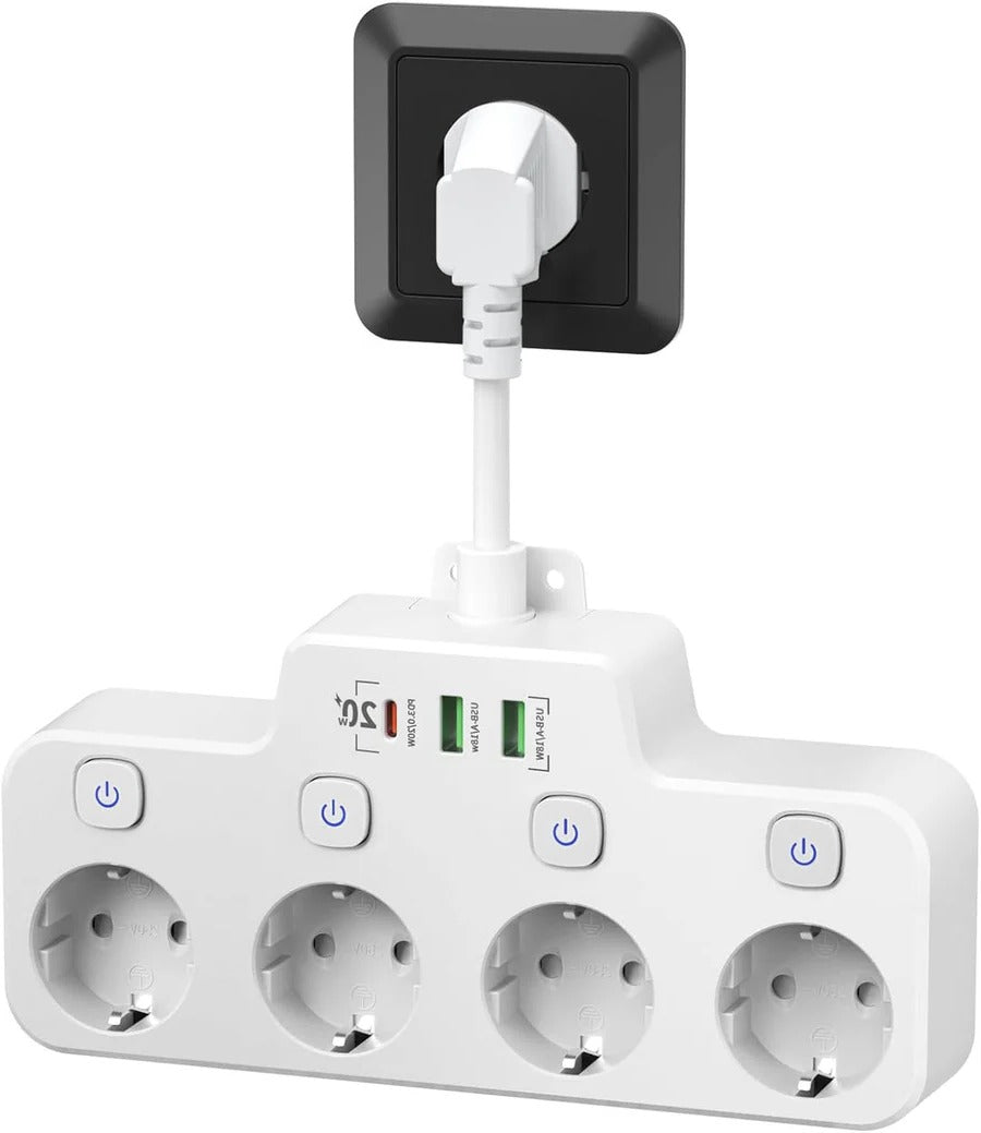 Skanto | Veggmontert strømskinne med uavhengig bryter 2 USB A og 1 USB C