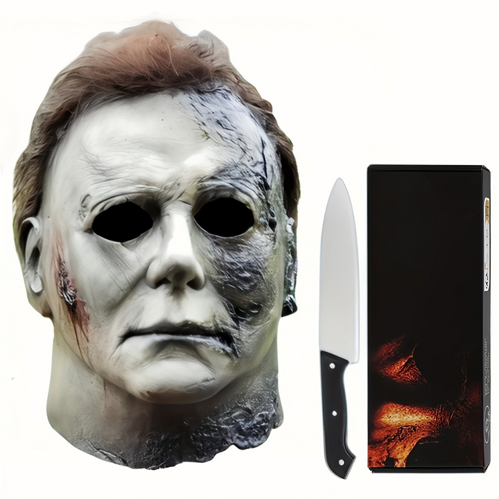 Skanto | Men’s Realistiske Skumle Halloween Maske Sett | Horrorspråktekniv