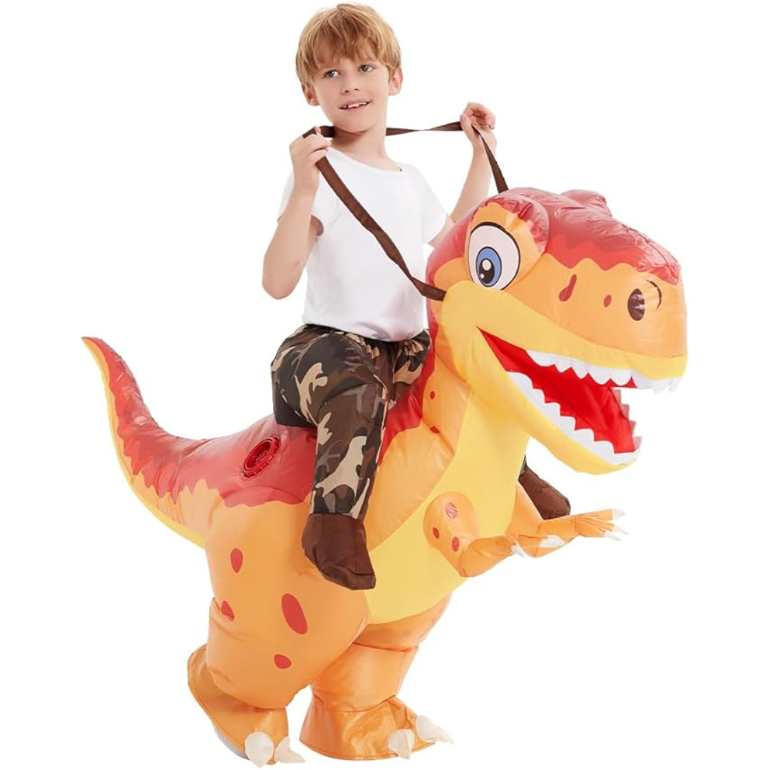 Skanto | Barneoppblåsbar Halloween Dinosaurdrakt | Ride-On T-Rex med vifte