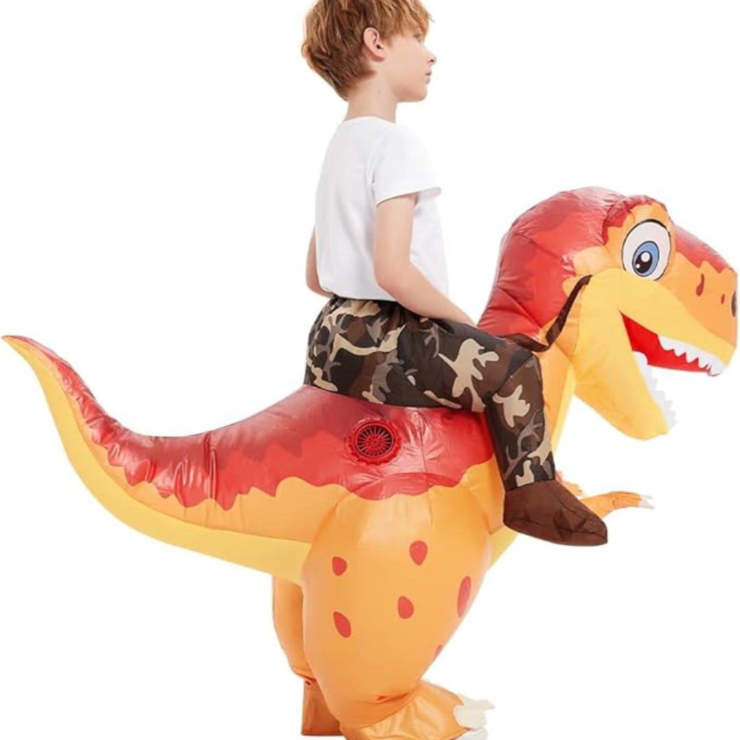 Skanto | Barneoppblåsbar Halloween Dinosaurdrakt | Ride-On T-Rex med vifte