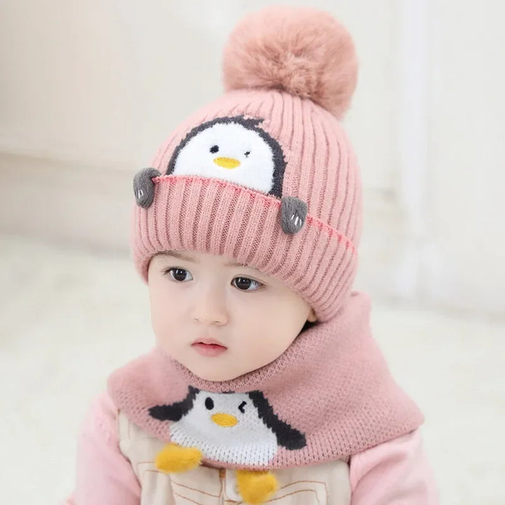 Skanto | Varm Pingvin Look – Strikket Lue & Skjerf Sett for Barn