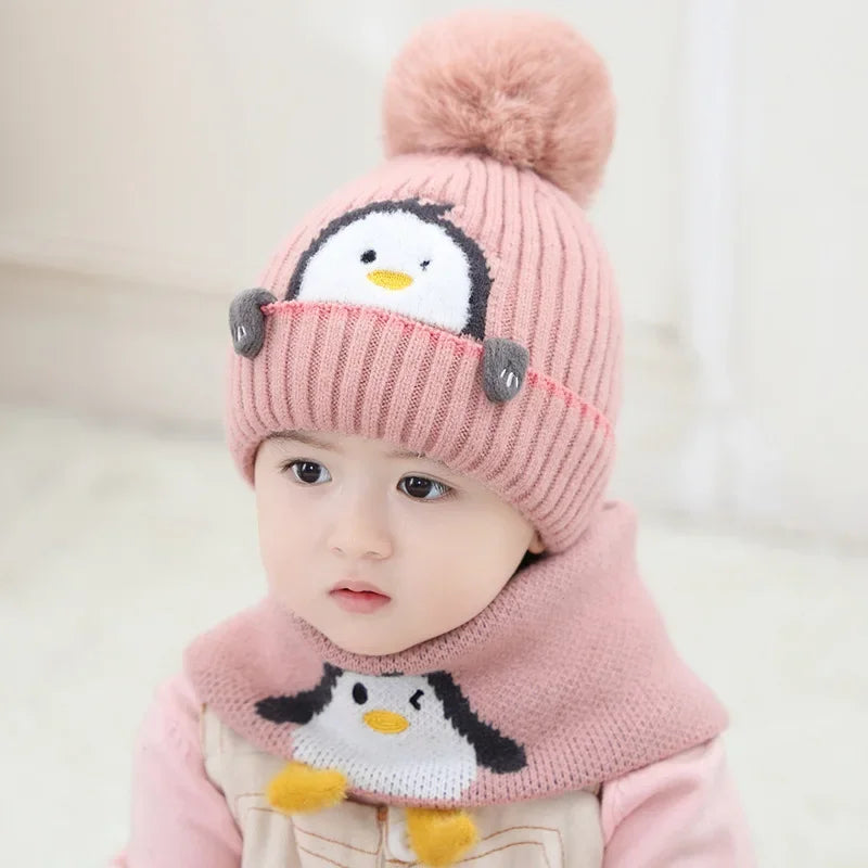 Skanto | Varm Pingvin Look – Strikket Lue & Skjerf Sett for Barn