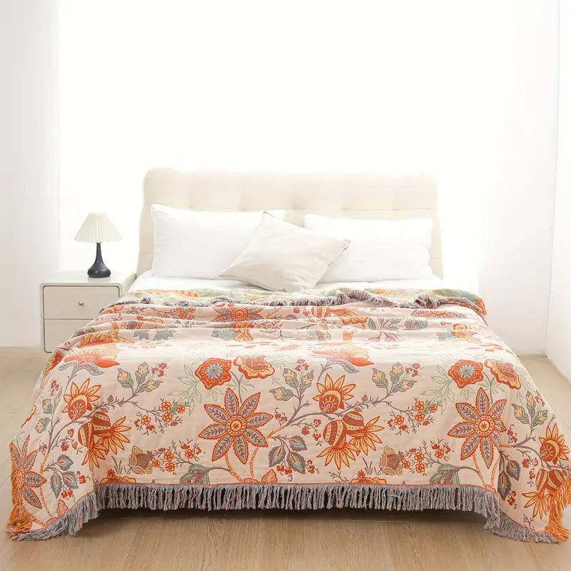Skanto | Boho Floral Cotton Throw Blanket with Fringe – Krem & Oransje
