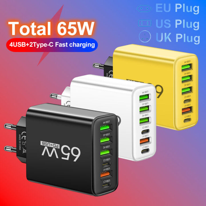Skanto | PowerMax 65W 6-i-1 Hurtiglader – Lader opptil 6 enheter samtidig – Ideell for hjem, kontor og reise