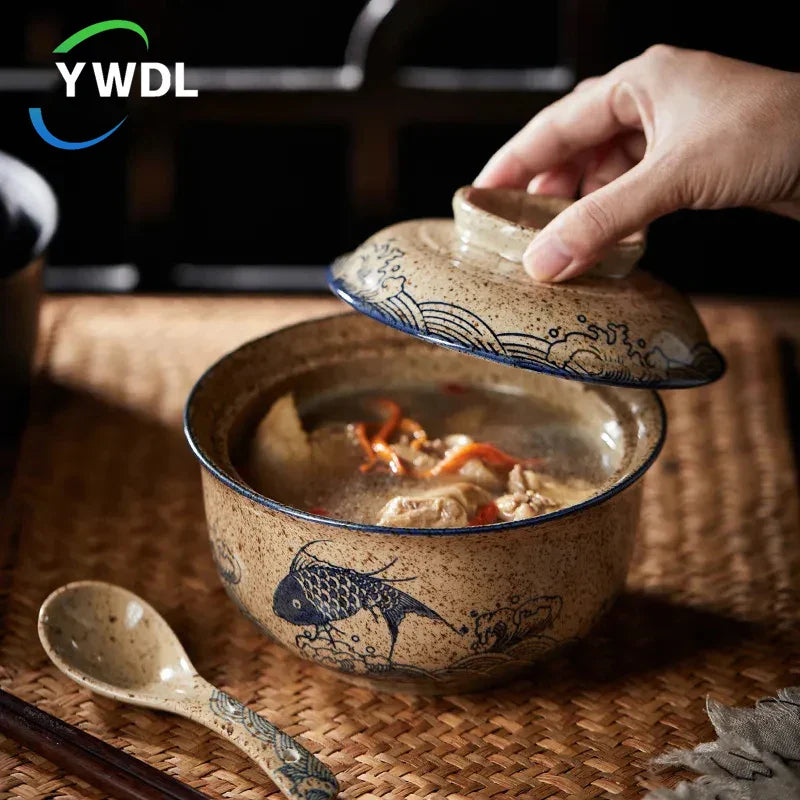 Japanese Style Ramen Bowl with Lid Ceramic Noodle Bowl Dinnerware | Skanto