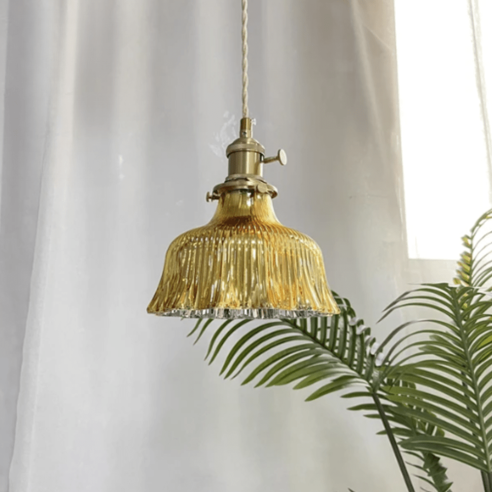 Vintage skandinavisk glass pendellampe | Retro-design med kobber- og valnøtt-finish for spisestue og soverom