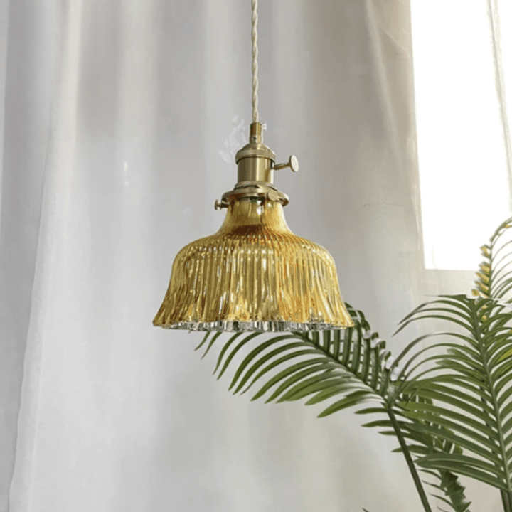 Vintage skandinavisk glass pendellampe | Retro-design med kobber- og valnøtt-finish for spisestue og soverom