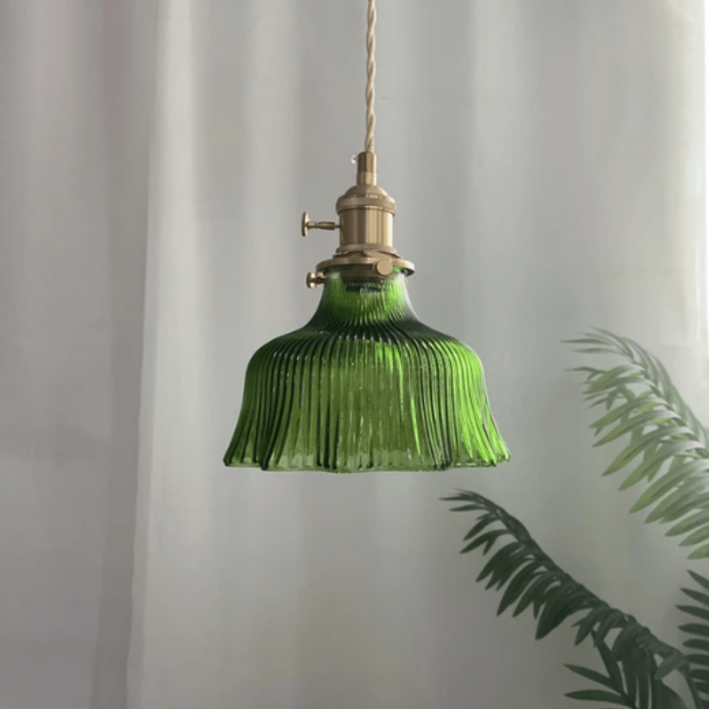 Vintage skandinavisk glass pendellampe | Retro-design med kobber- og valnøtt-finish for spisestue og soverom
