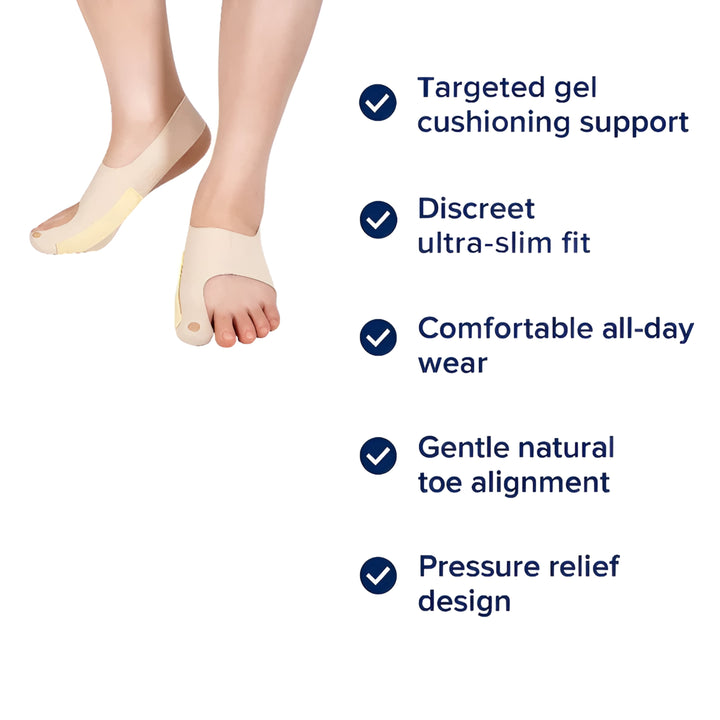 Smertereduserende gelpadding – Ultra-slim stretchstoff – Hverdagskomfort og justering for hallux valgus Skanto
