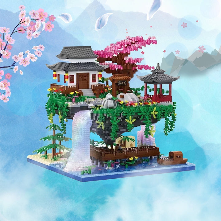 Skanto | Fossfall Japansk Hus Sakura Tre Flytende Øy Nano Byggeklosser | Begrenset Lager