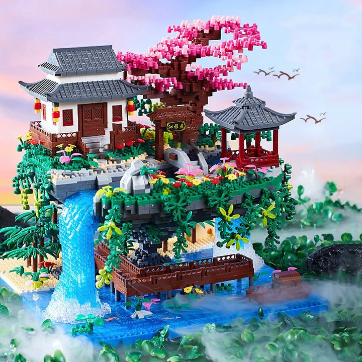 Skanto | Fossfall Japansk Hus Sakura Tre Flytende Øy Nano Byggeklosser | Begrenset Lager