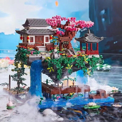 Skanto | Fossfall Japansk Hus Sakura Tre Flytende Øy Nano Byggeklosser | Begrenset Lager