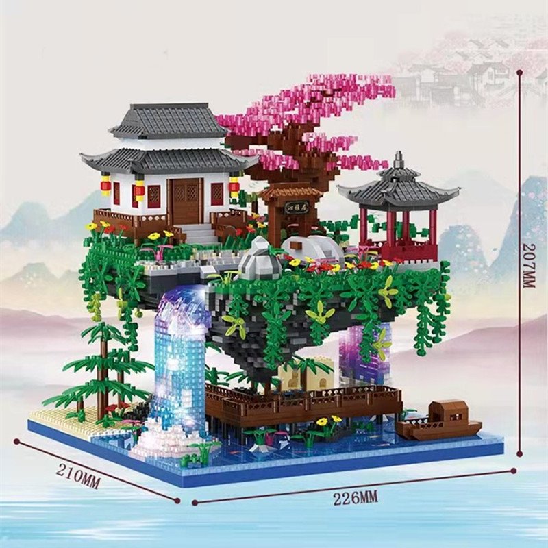Skanto | Fossfall Japansk Hus Sakura Tre Flytende Øy Nano Byggeklosser | Begrenset Lager