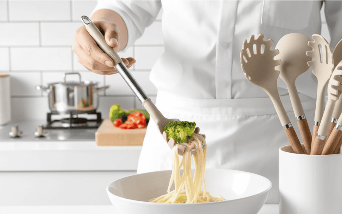 Norvo | KITCHENORA – Komplett redskapssett med silikonhoder og tre-lignende håndtak