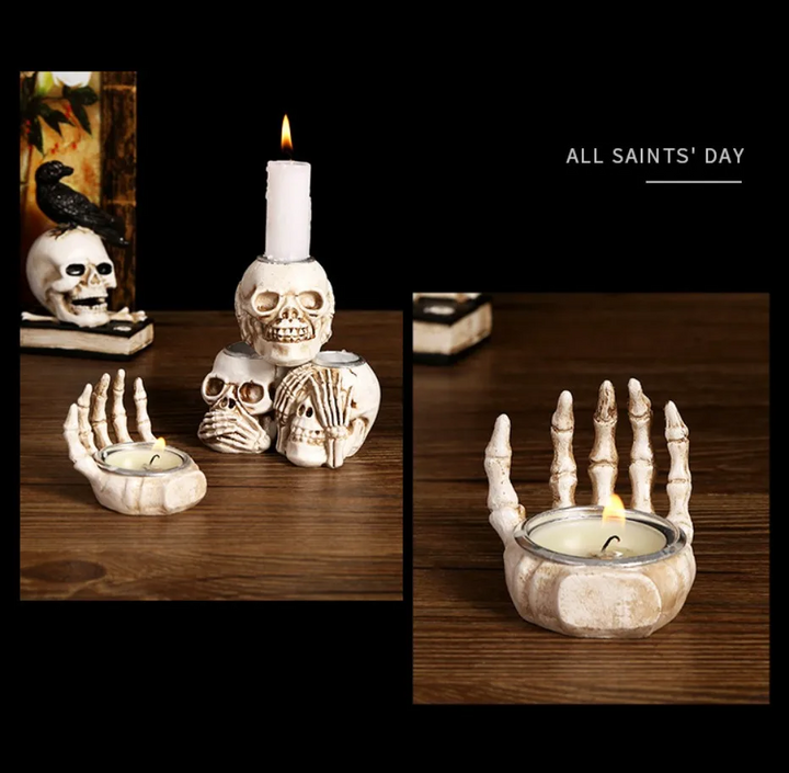 Skanto | GothicGlow 3pc Halloween Hodeskalle Lysestake Sett