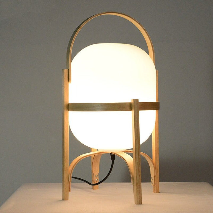 Japansk Tre Nattbordlampe med Glass Stein Skjerm | Skanto