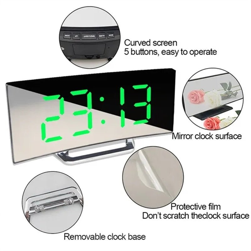 Skanto | LED Digital Vekkerklokke – Bøyd Speildisplay, Bordklokke med Snusfunksjon, Elektronisk Borddisplay, Soverom og Stueinnredning