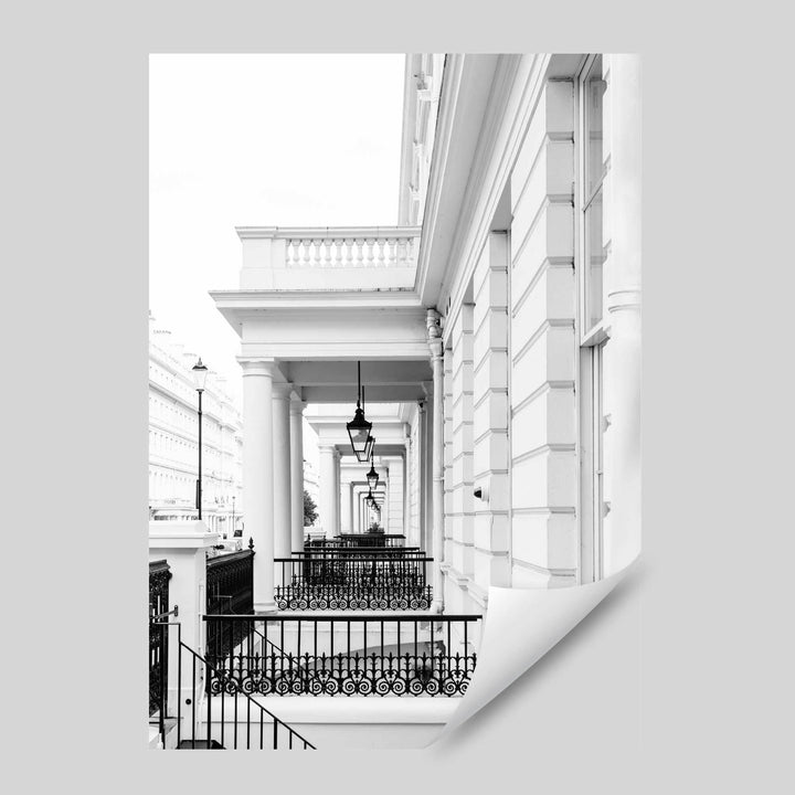 Svart-hvitt fotografi av en elegant London-fasade