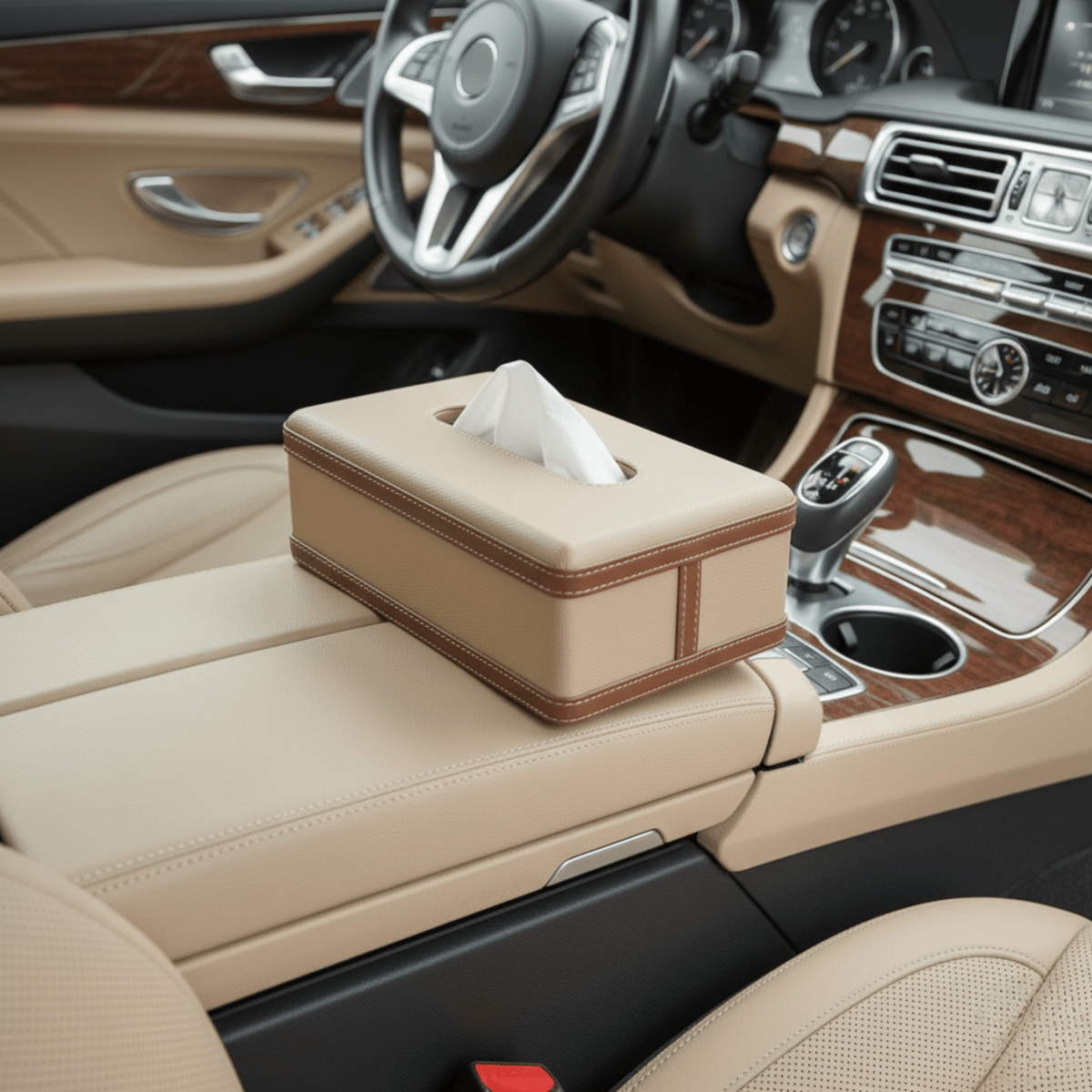 Norvo | LuxeTiera Lærvev Tissue Box Holder | Elegant håndlaget lær-organisator for hjem, kontor og bil