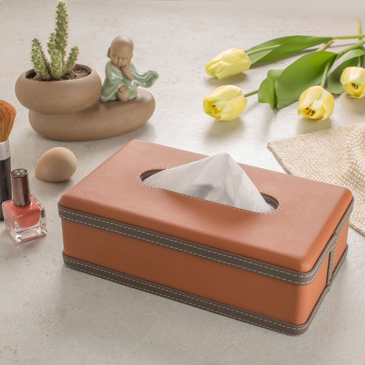 Norvo | LuxeTiera Lærvev Tissue Box Holder | Elegant håndlaget lær-organisator for hjem, kontor og bil