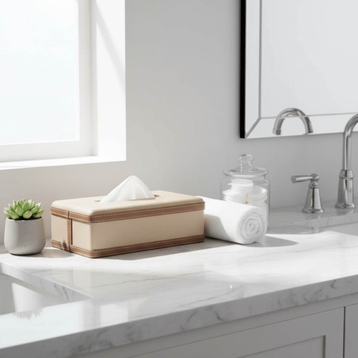 Norvo | LuxeTiera Lærvev Tissue Box Holder | Elegant håndlaget lær-organisator for hjem, kontor og bil