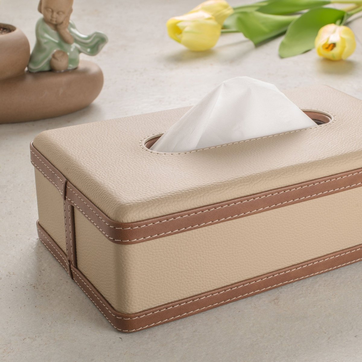 Norvo | LuxeTiera Lærvev Tissue Box Holder | Elegant håndlaget lær-organisator for hjem, kontor og bil