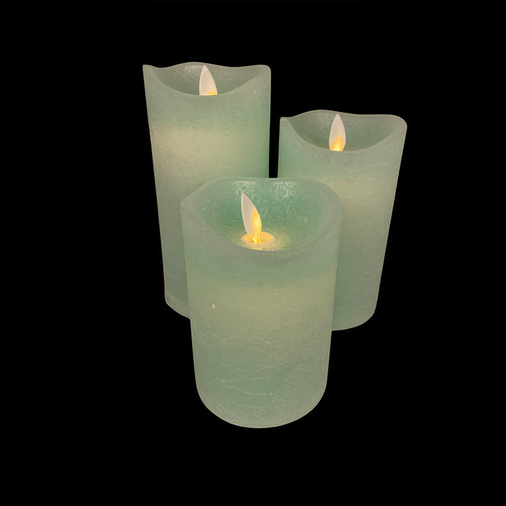 LED Lys - rustikk - 3 stykker - 10/12,5/15 cm - med 3D flamme - (ulike farger) | Skanto