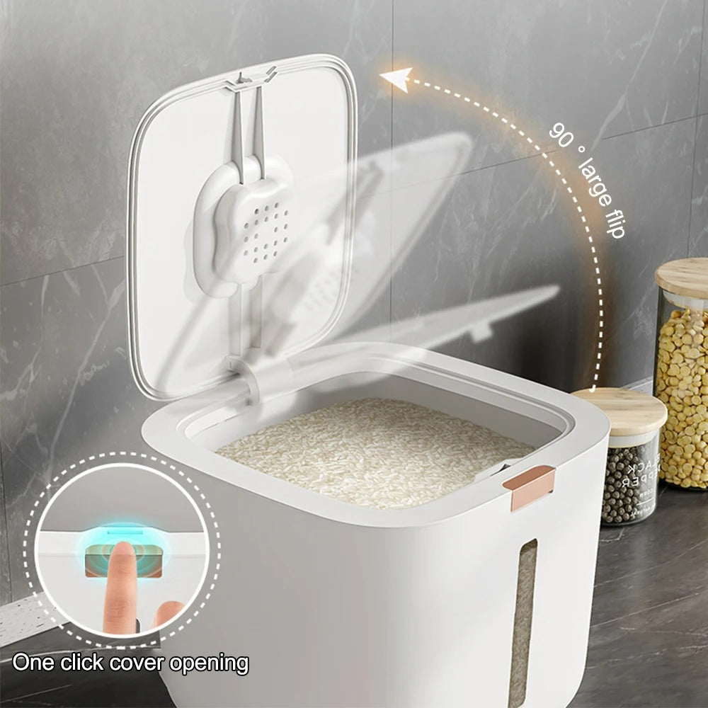 Skanto | VoorraadKlik – Lufttett dispenserboks med målebeger for ris og korn (5 eller 10 kg)