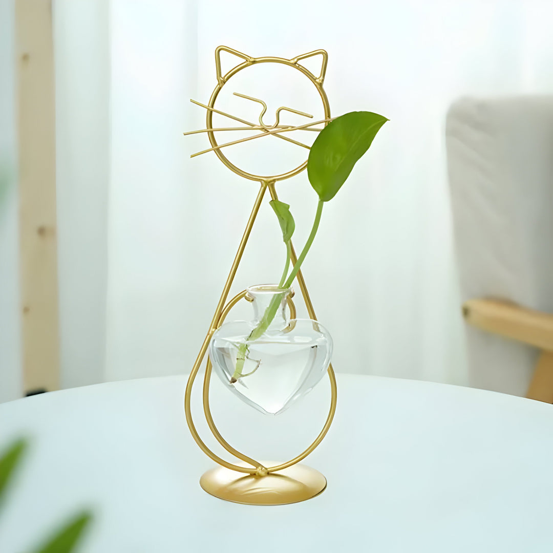 AquaPurr-vase – hydroponisk hjertevase i glass med katteformet holder