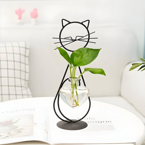 AquaPurr Vase - Hydroponisk Glass Hjertevase med Katteformet Holder | Skanto
