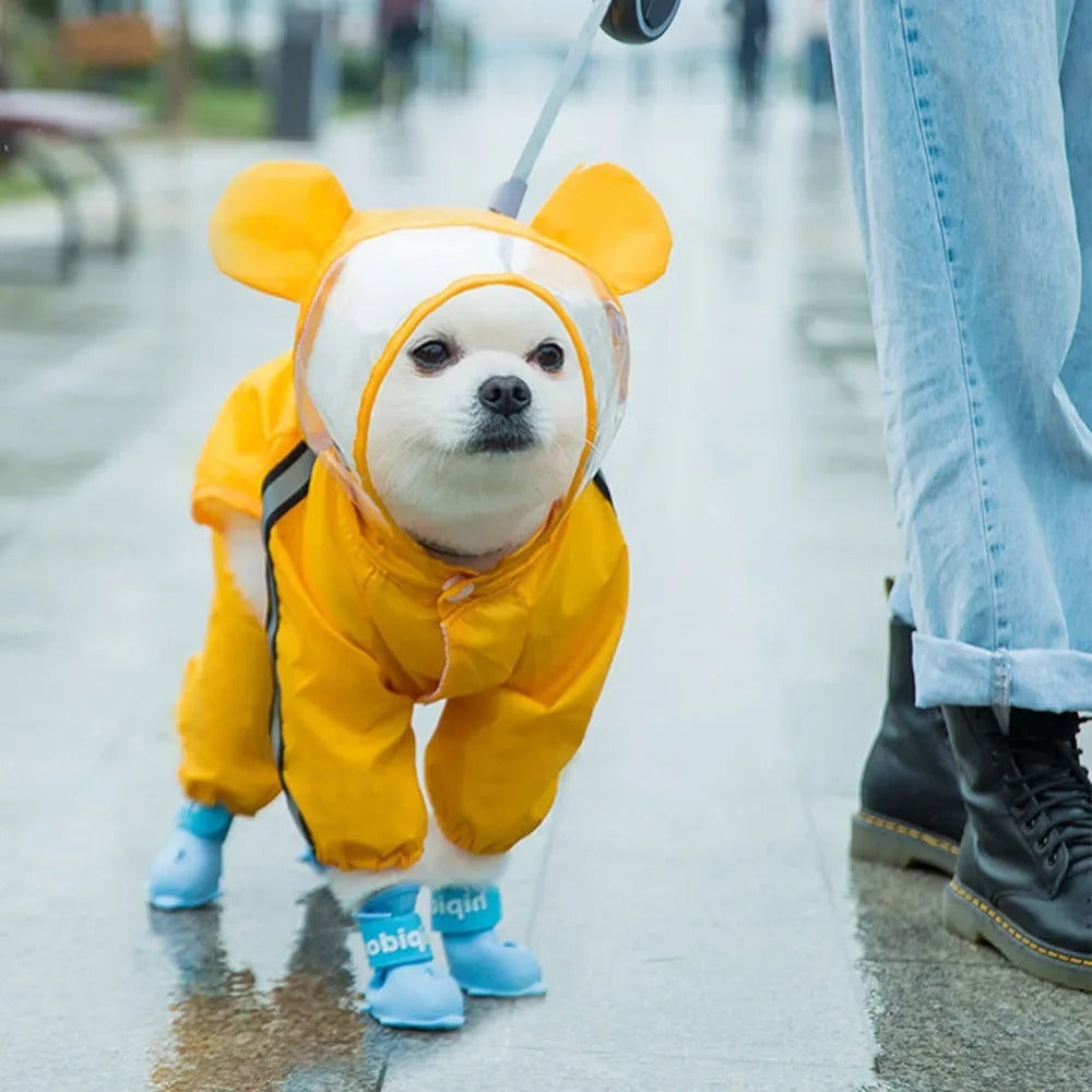 Niedlicher Ganzkörper-Regenmantel für Hunde im Bären-Design med reflekterende Sicherheitsmerkmalen