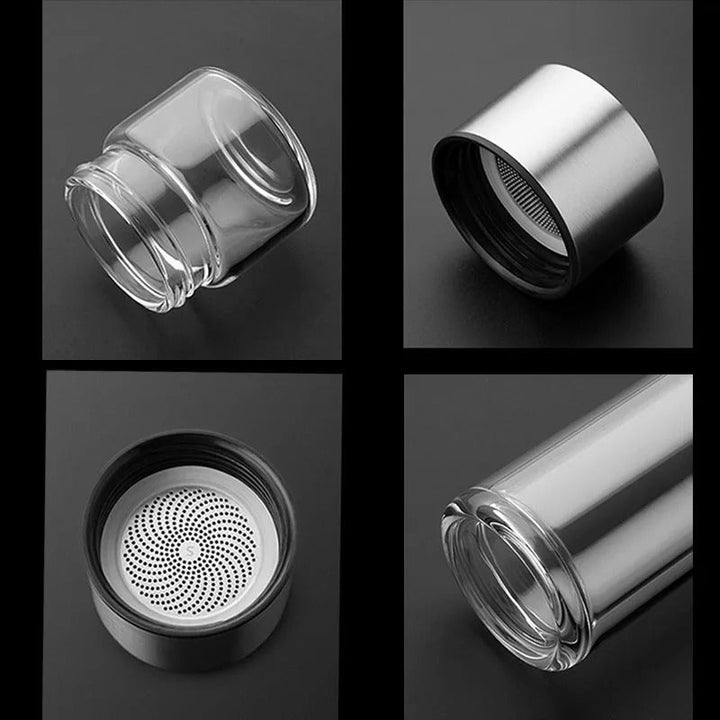 Skanto | WoodGlass Thermo – Transparent Bærbar Isolert Flaske med Tefilter for Sunne Drikker På Farten