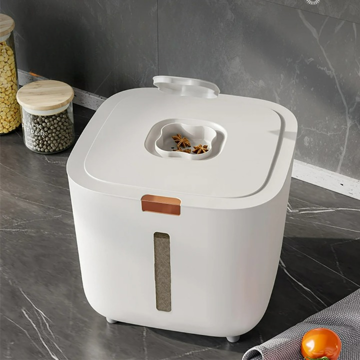 VoorraadKlik – Tettsikker dispenserboks med målebeger for ris og korn (5 eller 10 kg) | Skanto