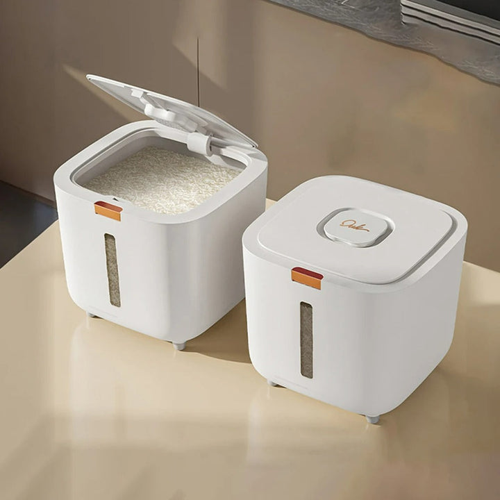 VoorraadKlik – Tettsikker dispenserboks med målebeger for ris og korn (5 eller 10 kg) | Skanto