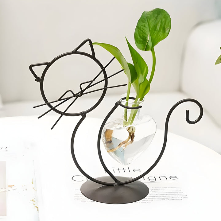 AquaPurr Vase - Hydroponisk Glass Hjertevase med Katteformet Holder | Skanto