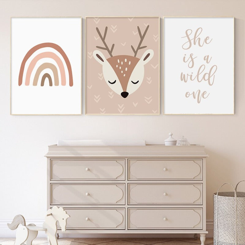 Boho Rainbow Cartoon Reh - lerret veggkunst trykk | Skanto