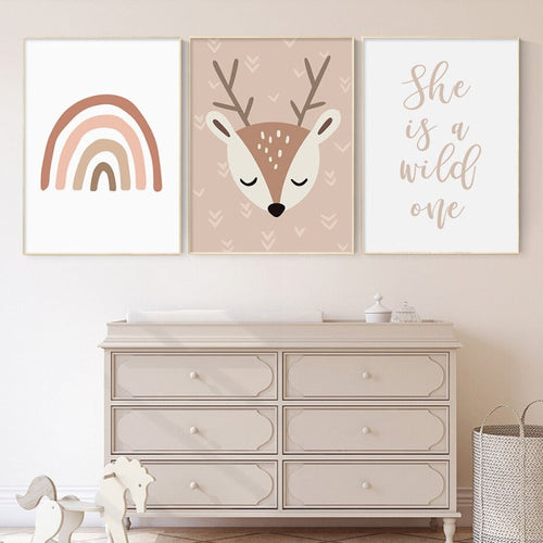 Boho Rainbow Cartoon Reh - lerret veggkunst trykk | Skanto