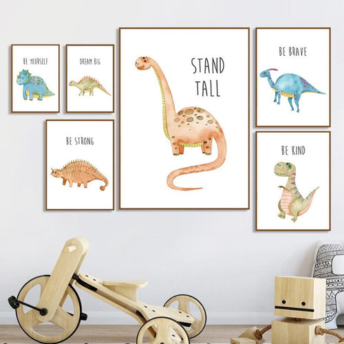Cartoon Dinosaur Motivation - Lerret Veggkunst Trykk | Skanto