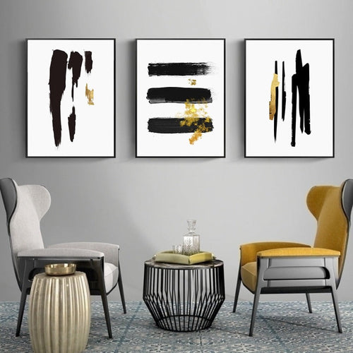Abstract Svart & Gull Penselstrøk - Lerret Veggkunst Trykk | Skanto