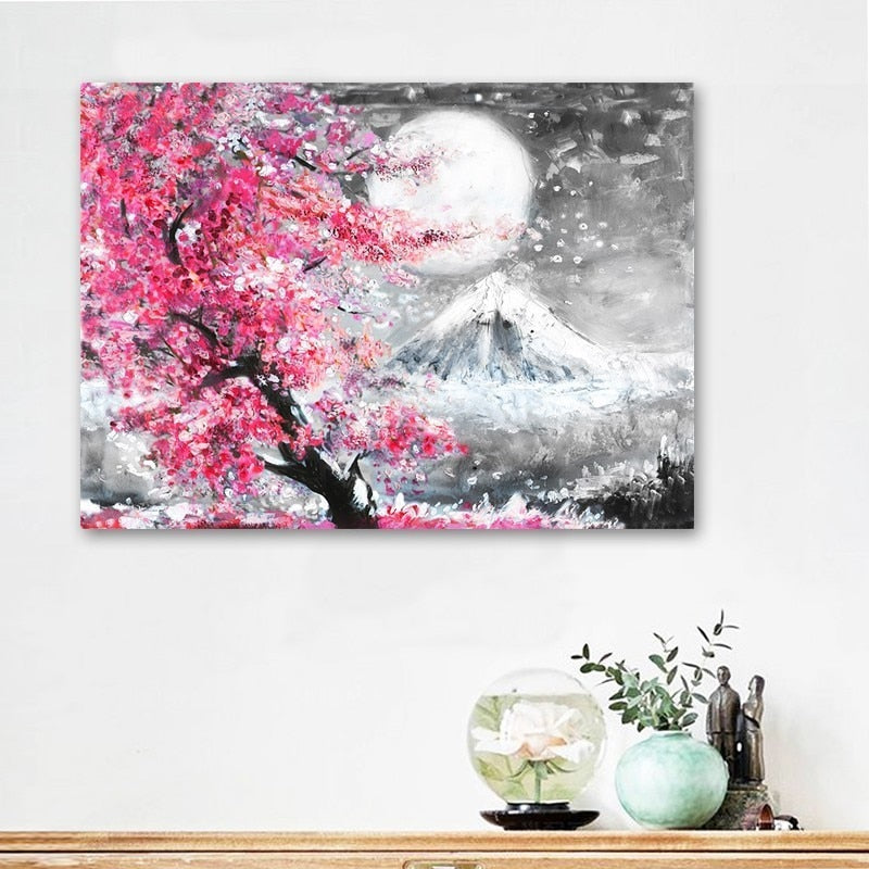 Japansk Sakura Kirsebærblomsttre - Lærret Veggkunst Trykk