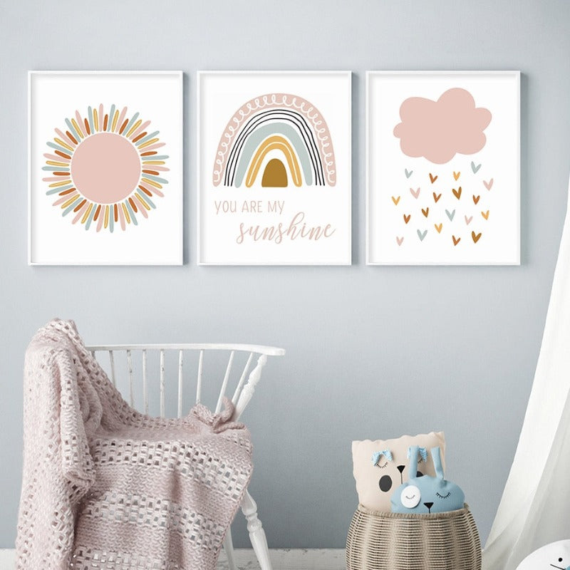 Boho Pink Rainbow Clouds Sunshine Nursery - Lerret Veggkunst Trykk | Skanto