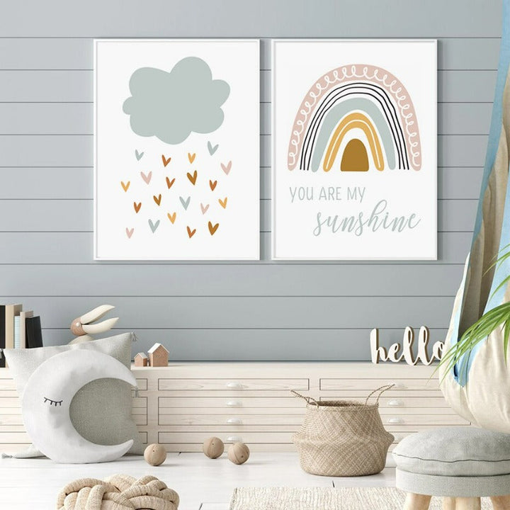 Clouds Sunshine Lovely Mountain Nursery - Lærred Veggkunst Trykk | Skanto
