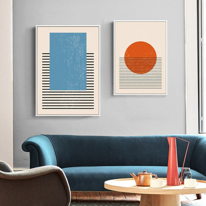 Abstract Gul Blå Geometriske Former - Lærret Veggkunst Trykk | Skanto